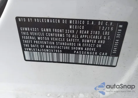 2016 Volkswagen Jetta 1.8T Sel из США, поврежденный, VIN 3VWL07AJ3GM297959